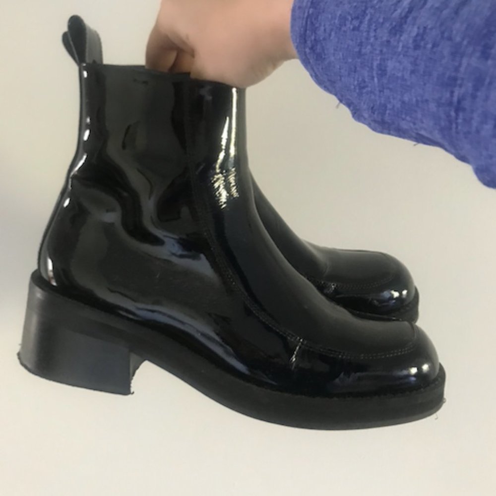 Miista Evelyn Black Patent Boots - Size 9.5 / 40eu
